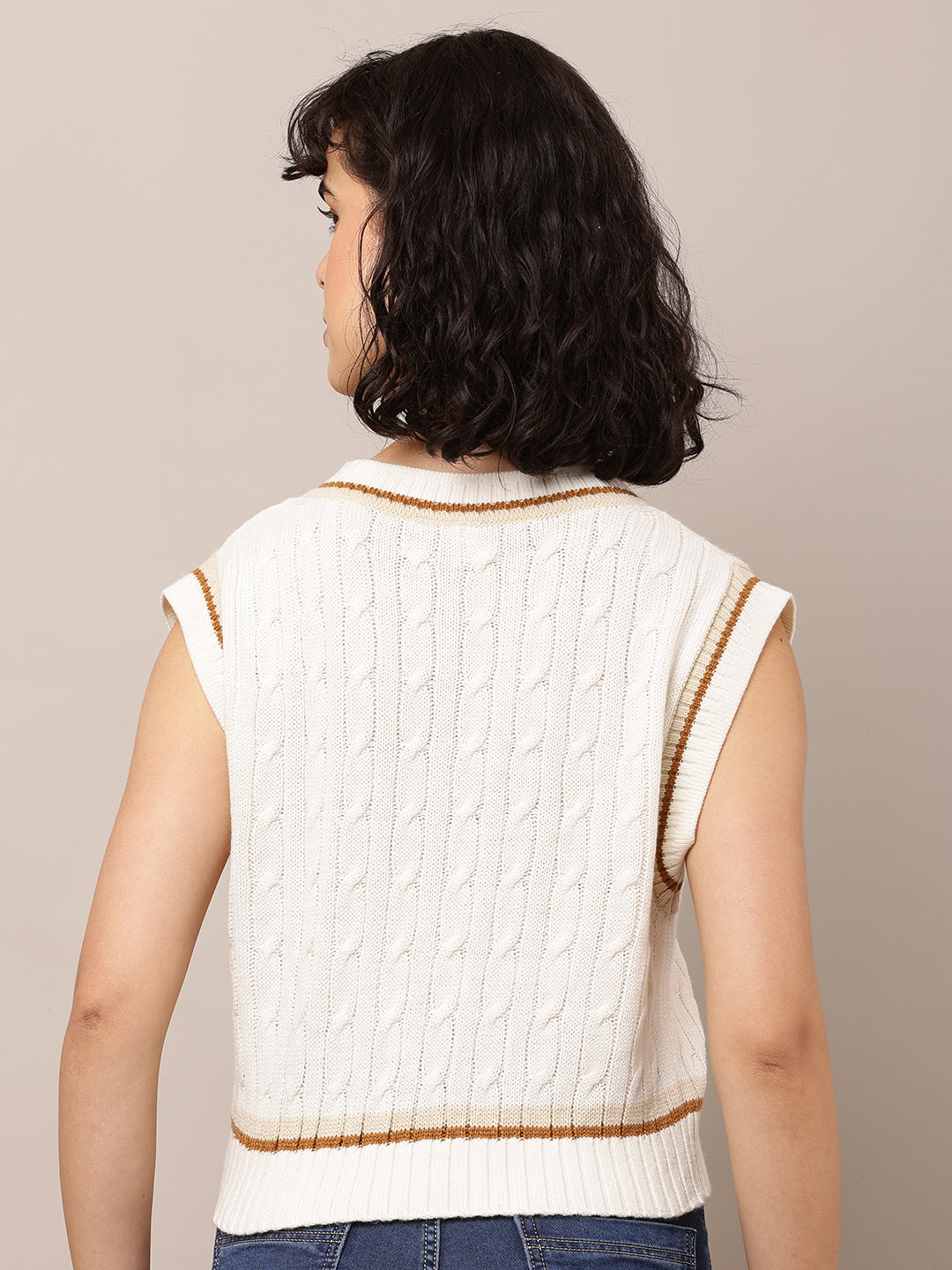 Acrylic V-Neck with Sleeveless Cable-knit White Sweater Vest