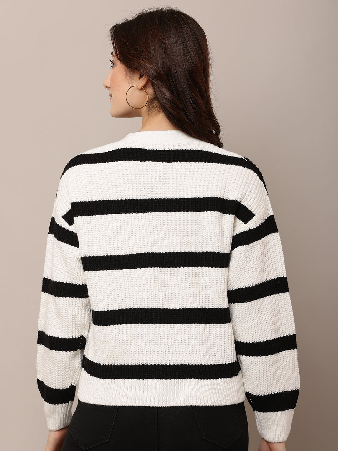 Acrylic Full Sleeve with V-Neck White Striped Cardigan