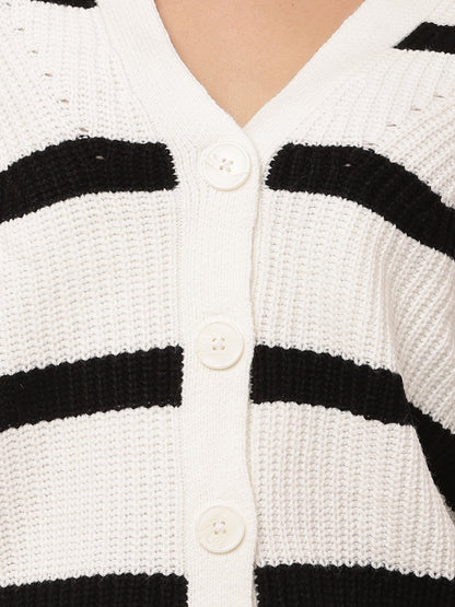 Acrylic Full Sleeve with V-Neck White Striped Cardigan