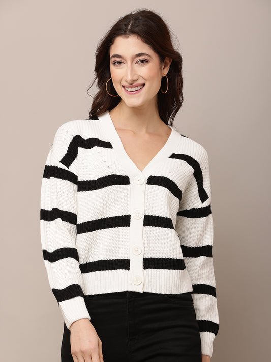 Acrylic Full Sleeve with V-Neck White Striped Cardigan