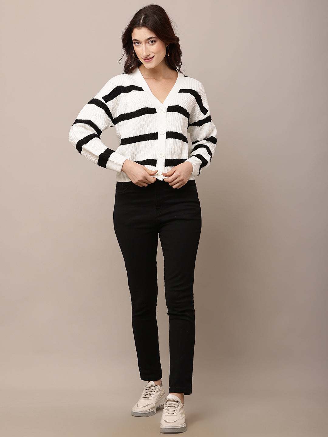 Acrylic Full Sleeve with V-Neck White Striped Cardigan