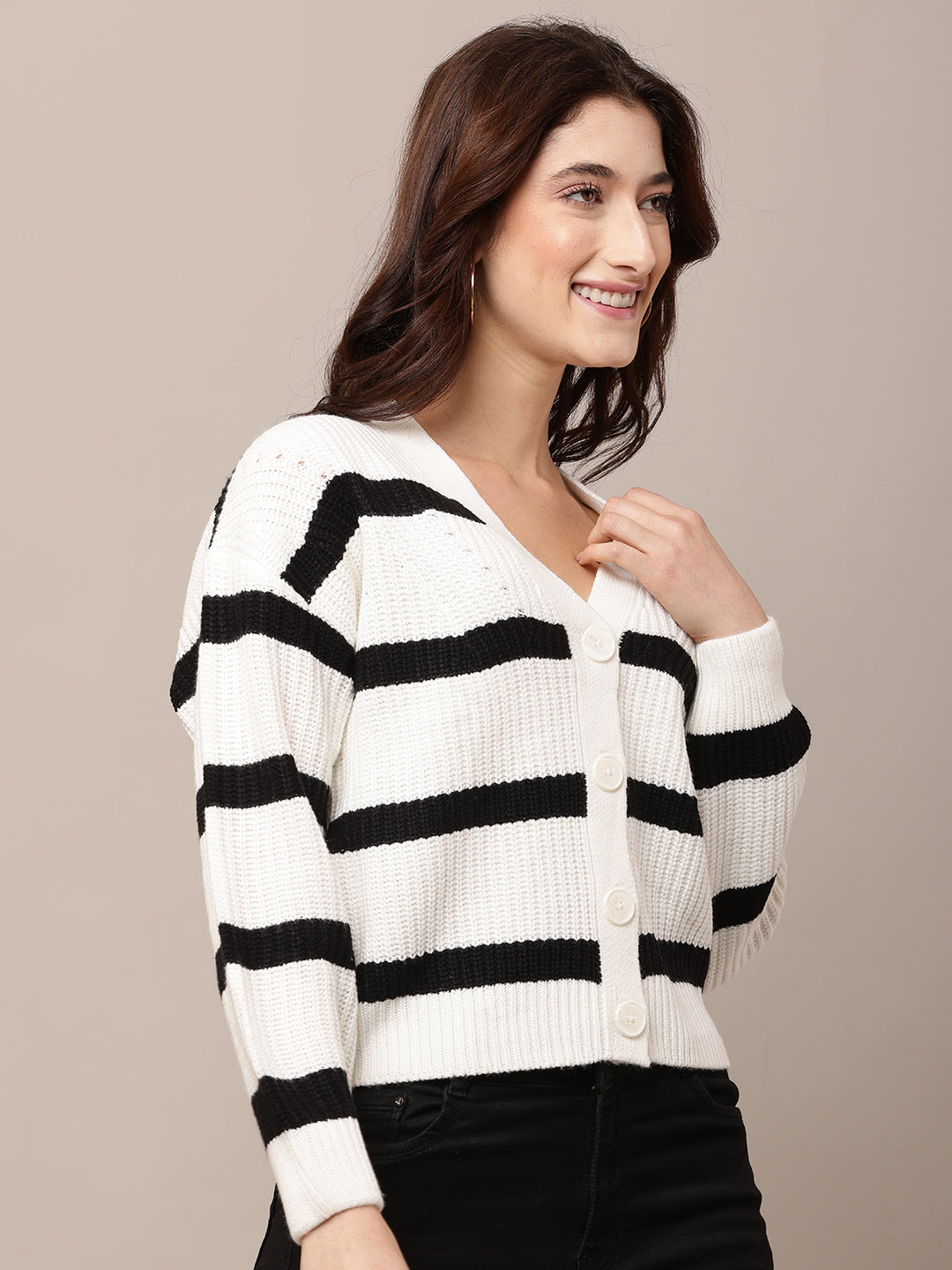 Acrylic Full Sleeve with V-Neck White Striped Cardigan