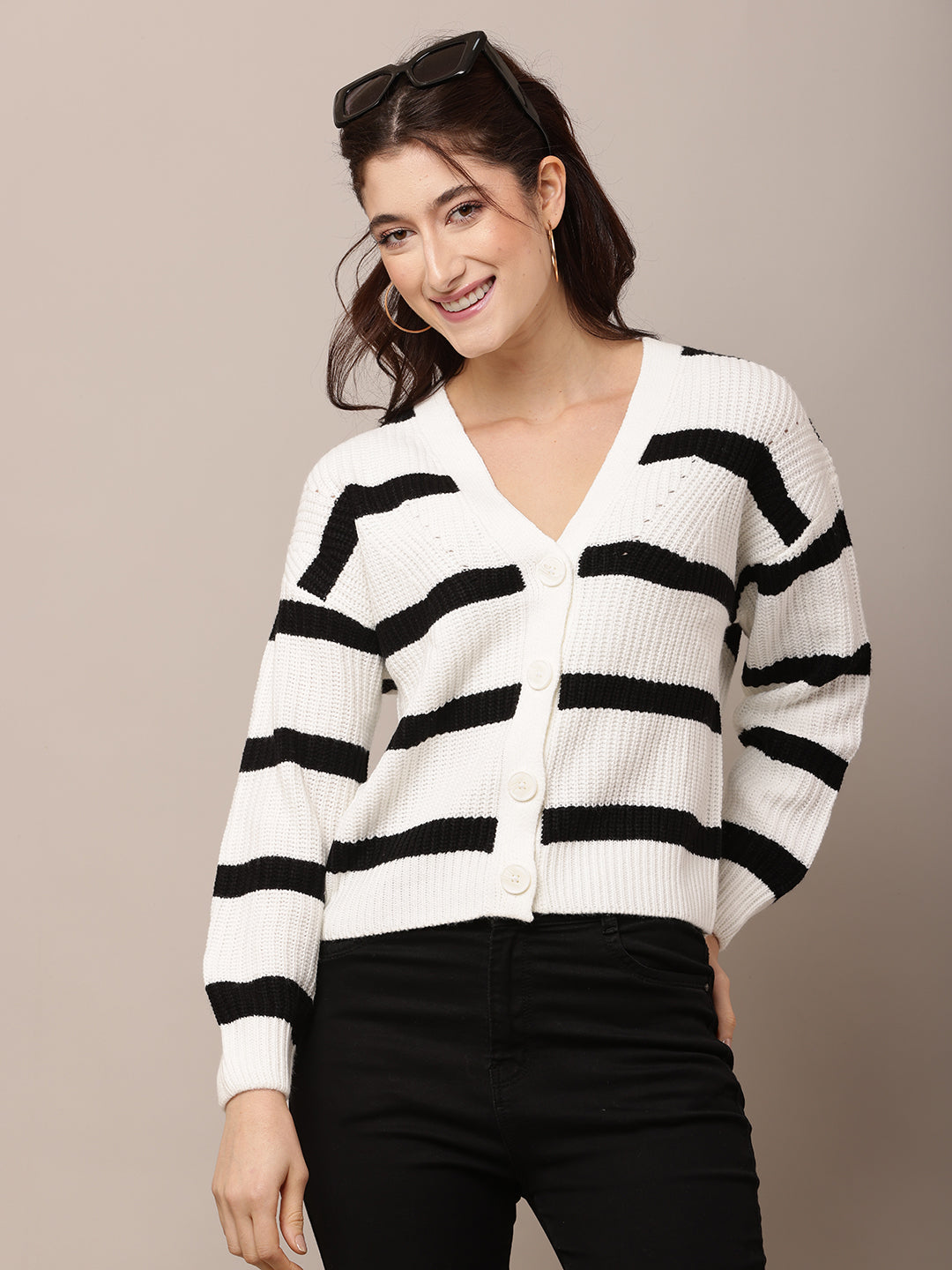 Acrylic Full Sleeve with V-Neck White Striped Cardigan