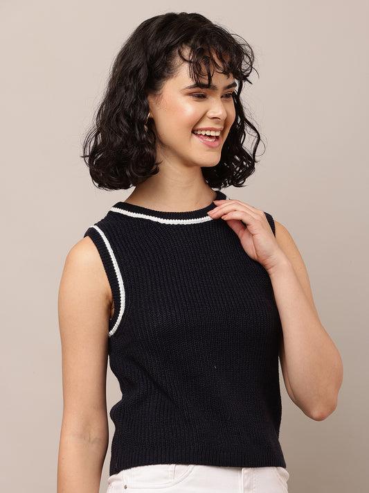 Acrylic Sleeveless with Round-Neck Dark Blue Sweater Vest
