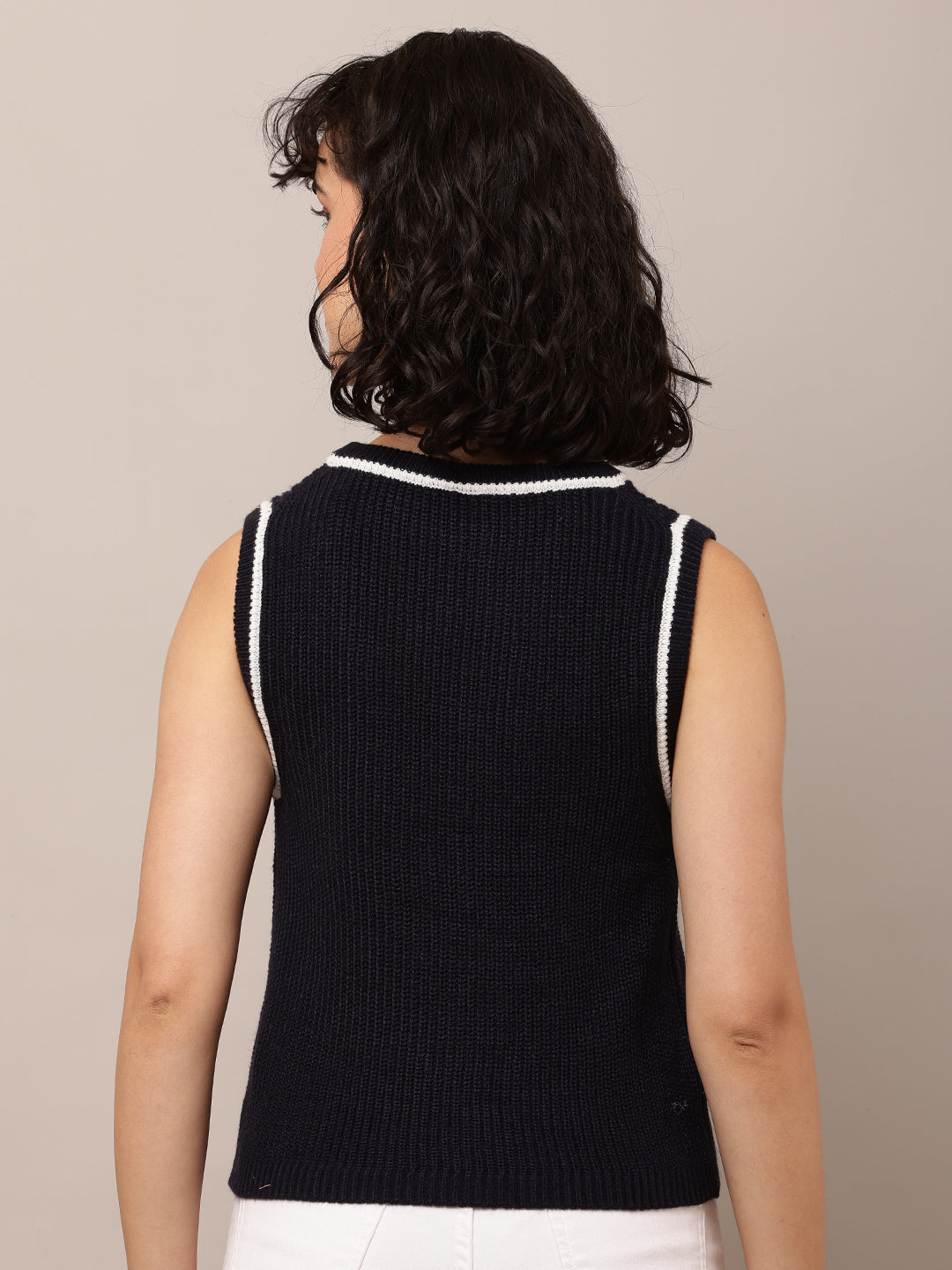 Acrylic Sleeveless with Round-Neck Dark Blue Sweater Vest