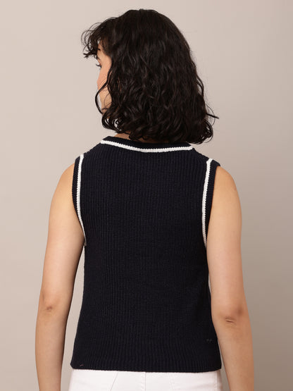 Acrylic Sleeveless with Round-Neck Dark Blue Sweater Vest