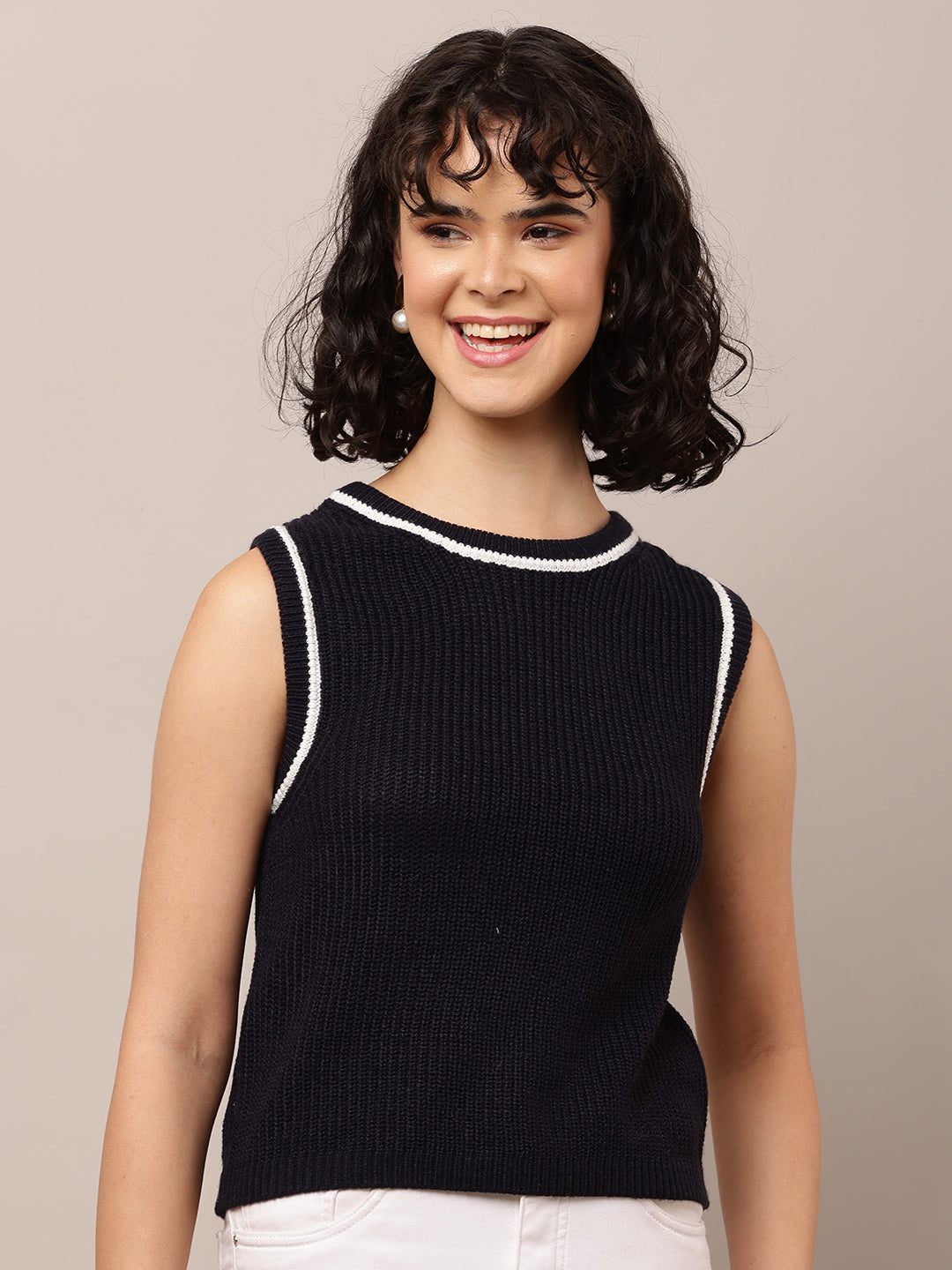 Acrylic Sleeveless with Round-Neck Dark Blue Sweater Vest