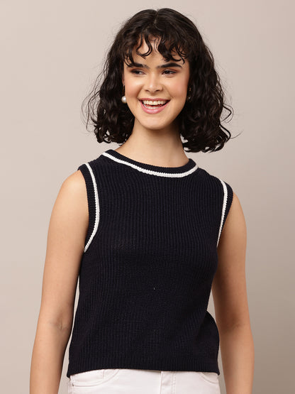 Acrylic Sleeveless with Round-Neck Dark Blue Sweater Vest