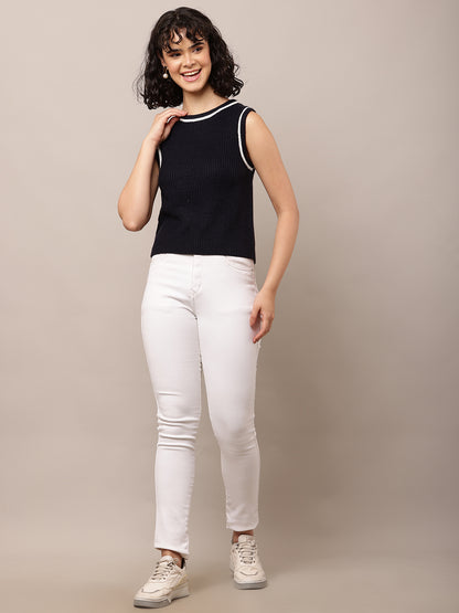 Acrylic Sleeveless with Round-Neck Dark Blue Sweater Vest