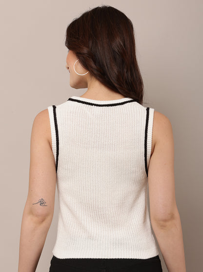 Acrylic Sleeveless with Round-Neck White Sweater Vest
