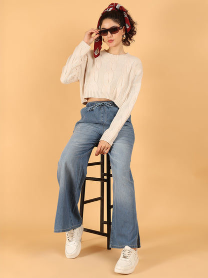 Acrylic Full Sleeve with Cable Knit Cropped Sweater – Cream