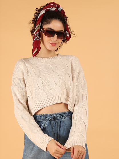 Acrylic Full Sleeve with Cable Knit Cropped Sweater – Cream