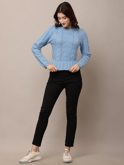 Acrylic Round Neck with Full Sleeve stretchable Blue Sweater