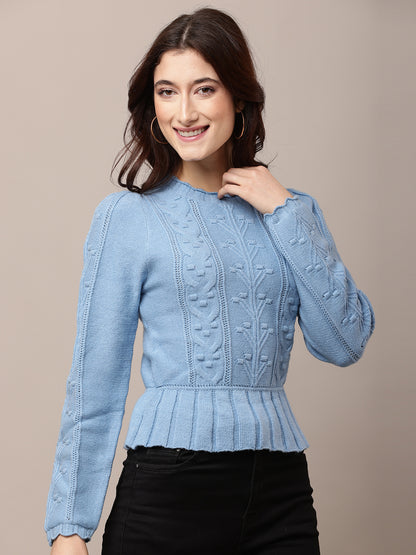 Acrylic Round Neck with Full Sleeve stretchable Blue Sweater