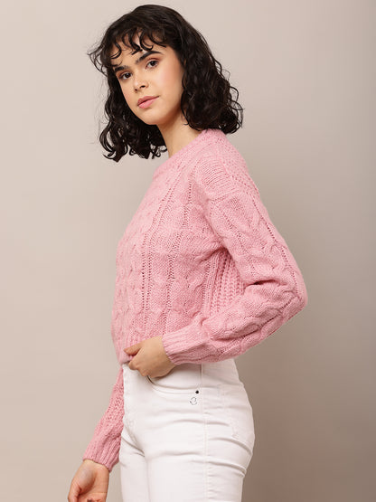 Acrylic Full Sleeve with Round Neck Cable knit Pink sweater