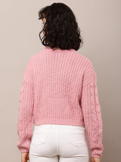 Acrylic Full Sleeve with Round Neck Cable knit Pink sweater
