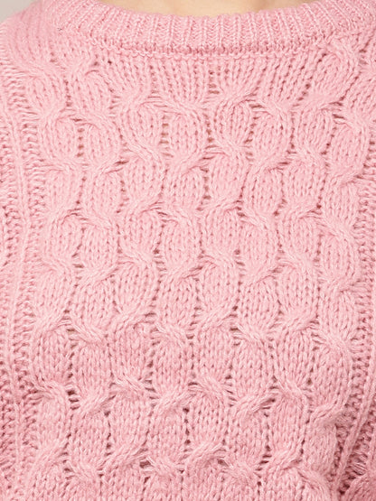Acrylic Full Sleeve with Round Neck Cable knit Pink sweater