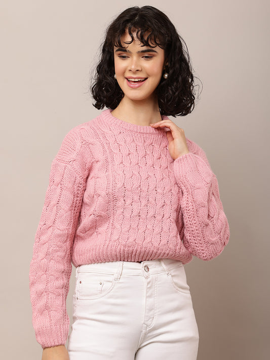 Acrylic Full Sleeve with Round Neck Cable knit Pink sweater