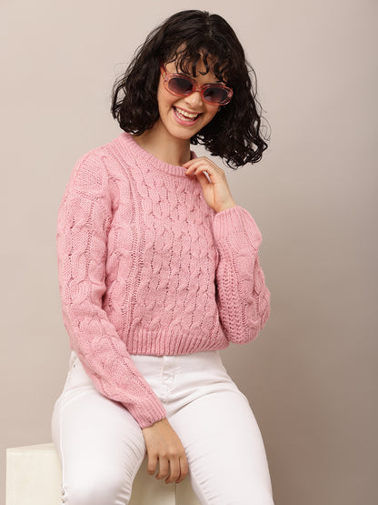 Acrylic Full Sleeve with Round Neck Cable knit Pink sweater