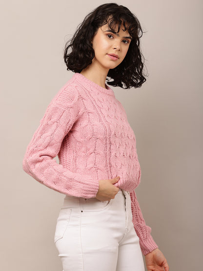 Acrylic Full Sleeve with Round Neck Cable knit Pink sweater