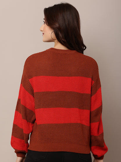 Acrylic Full Sleeve with Round Neck Striped Red Baggy Style Sweater