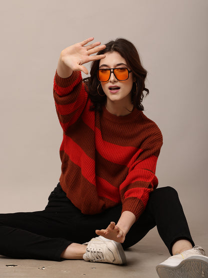Acrylic Full Sleeve with Round Neck Striped Red Baggy Style Sweater