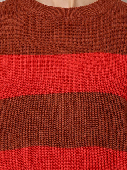 Acrylic Full Sleeve with Round Neck Striped Red Baggy Style Sweater