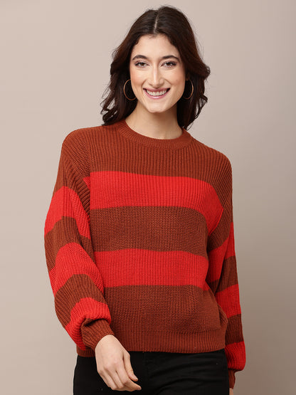 Acrylic Full Sleeve with Round Neck Striped Red Baggy Style Sweater