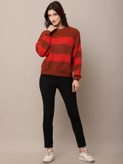 Acrylic Full Sleeve with Round Neck Striped Red Baggy Style Sweater