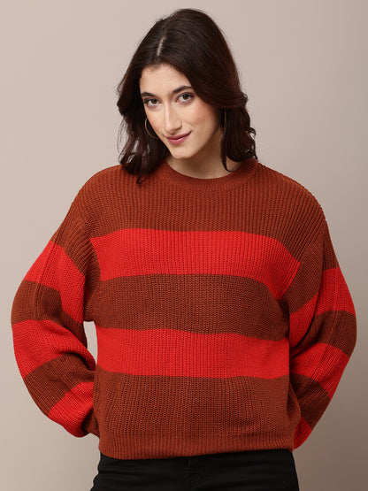 Acrylic Full Sleeve with Round Neck Striped Red Baggy Style Sweater