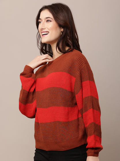 Acrylic Full Sleeve with Round Neck Striped Red Baggy Style Sweater