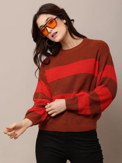 Acrylic Full Sleeve with Round Neck Striped Red Baggy Style Sweater