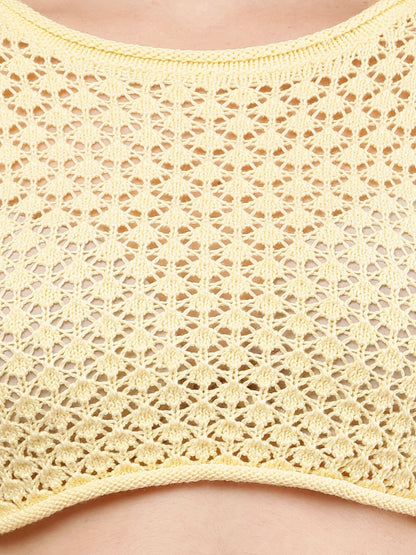 Cotton Full Sleeve with Round Neck Crochet Crop Yellow Sweater