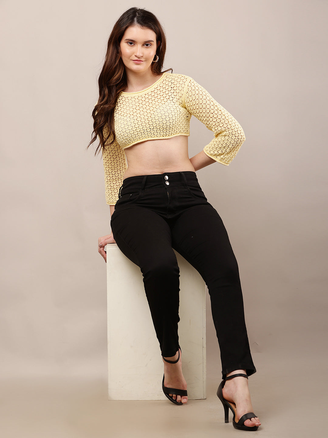 Cotton Full Sleeve with Round Neck Crochet Crop Yellow Sweater