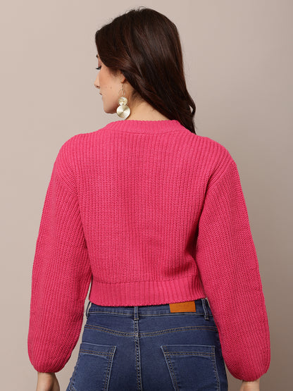Acrylic Full Sleeve with V-Neck Pink Cardigan