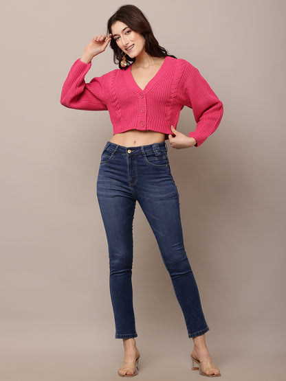 Acrylic Full Sleeve with V-Neck Pink Cardigan