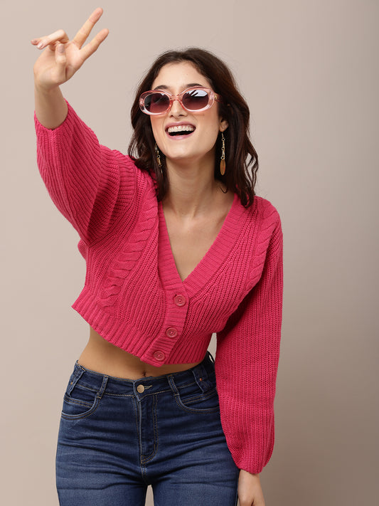 Acrylic Full Sleeve with V-Neck Pink Cardigan