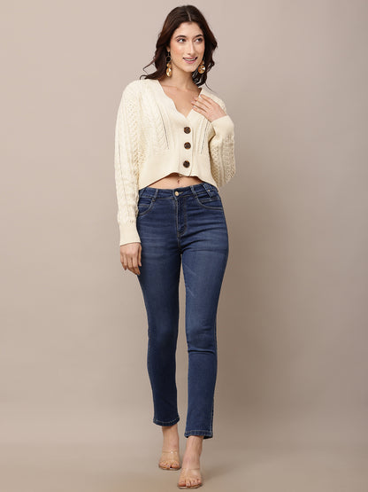 Cotton Full Sleeve with V-Neck Cable Knit Dark Cream Cardigan