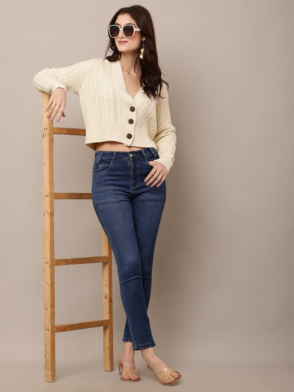 Cotton Full Sleeve with V-Neck Cable Knit Dark Cream Cardigan