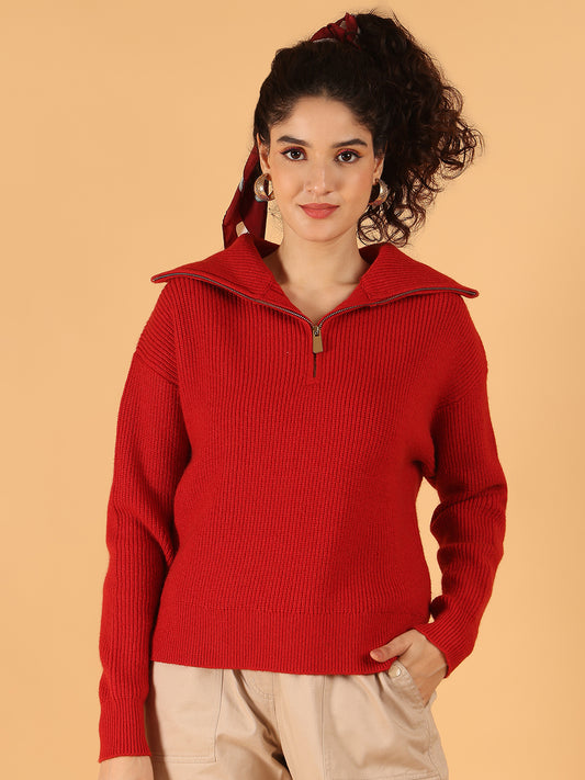 Viscose Full Sleeve Red Half-Zip Collared Knit Sweatshirt