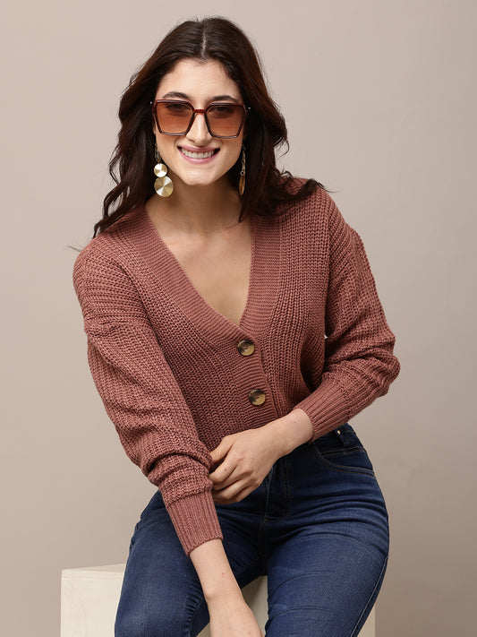Acrylic Full Sleeve with V-Neck Peach Cardigan