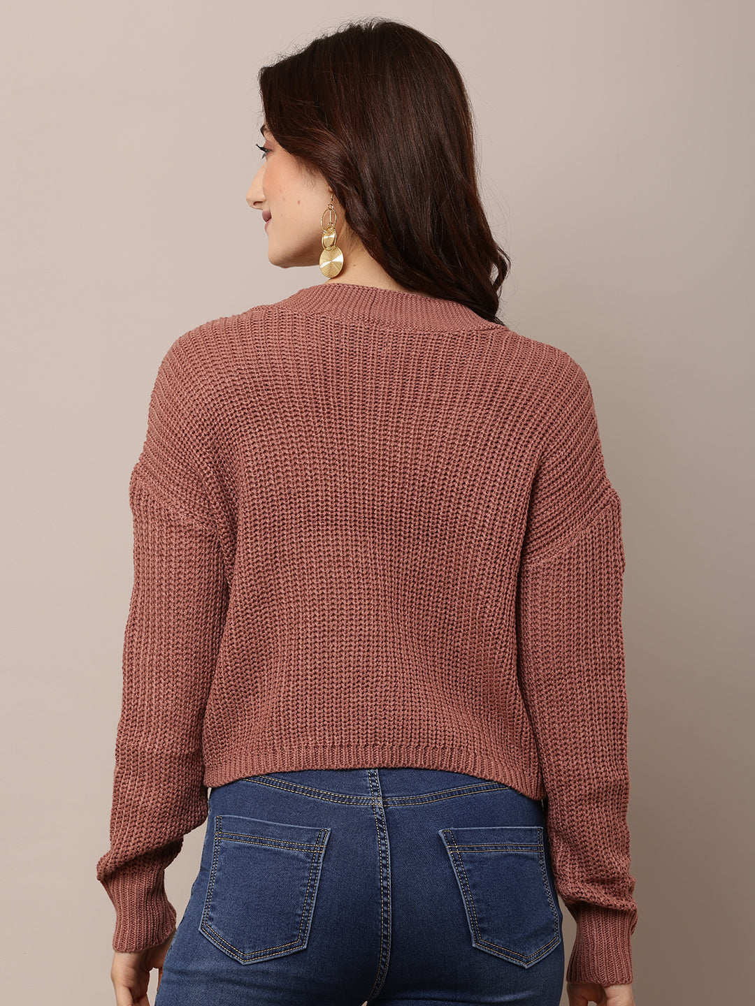 Acrylic Full Sleeve with V-Neck Peach Cardigan