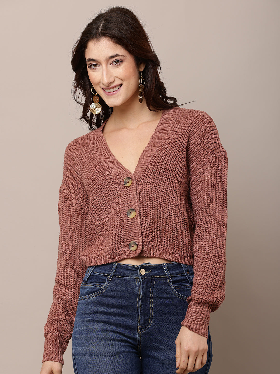 Acrylic Full Sleeve with V-Neck Peach Cardigan