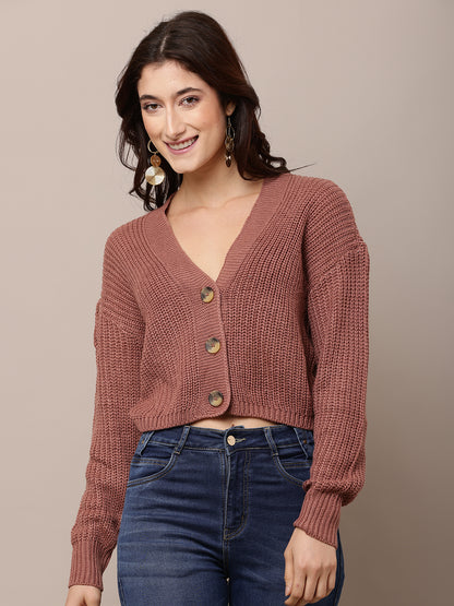 Acrylic Full Sleeve with V-Neck Peach Cardigan