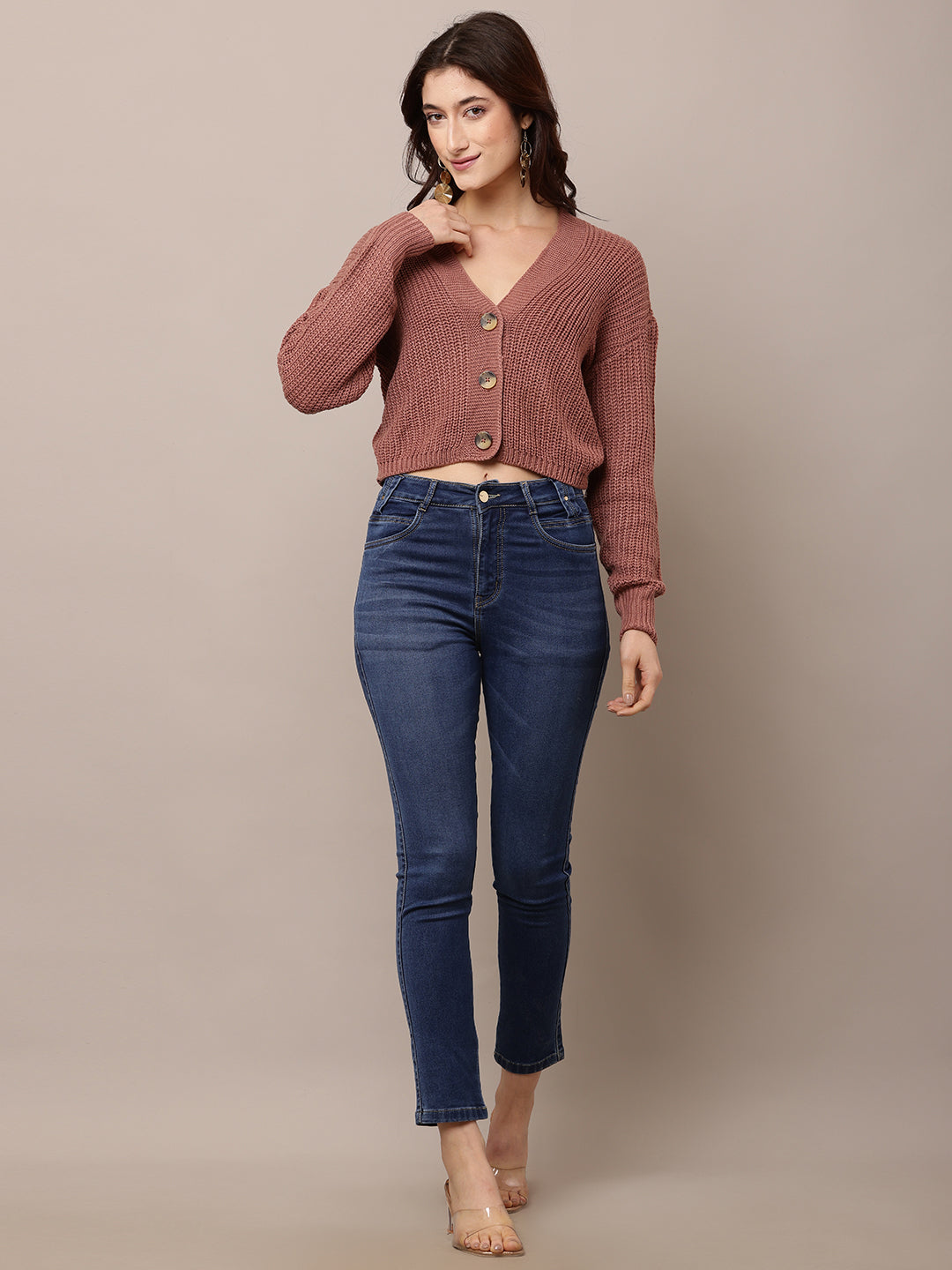 Acrylic Full Sleeve with V-Neck Peach Cardigan