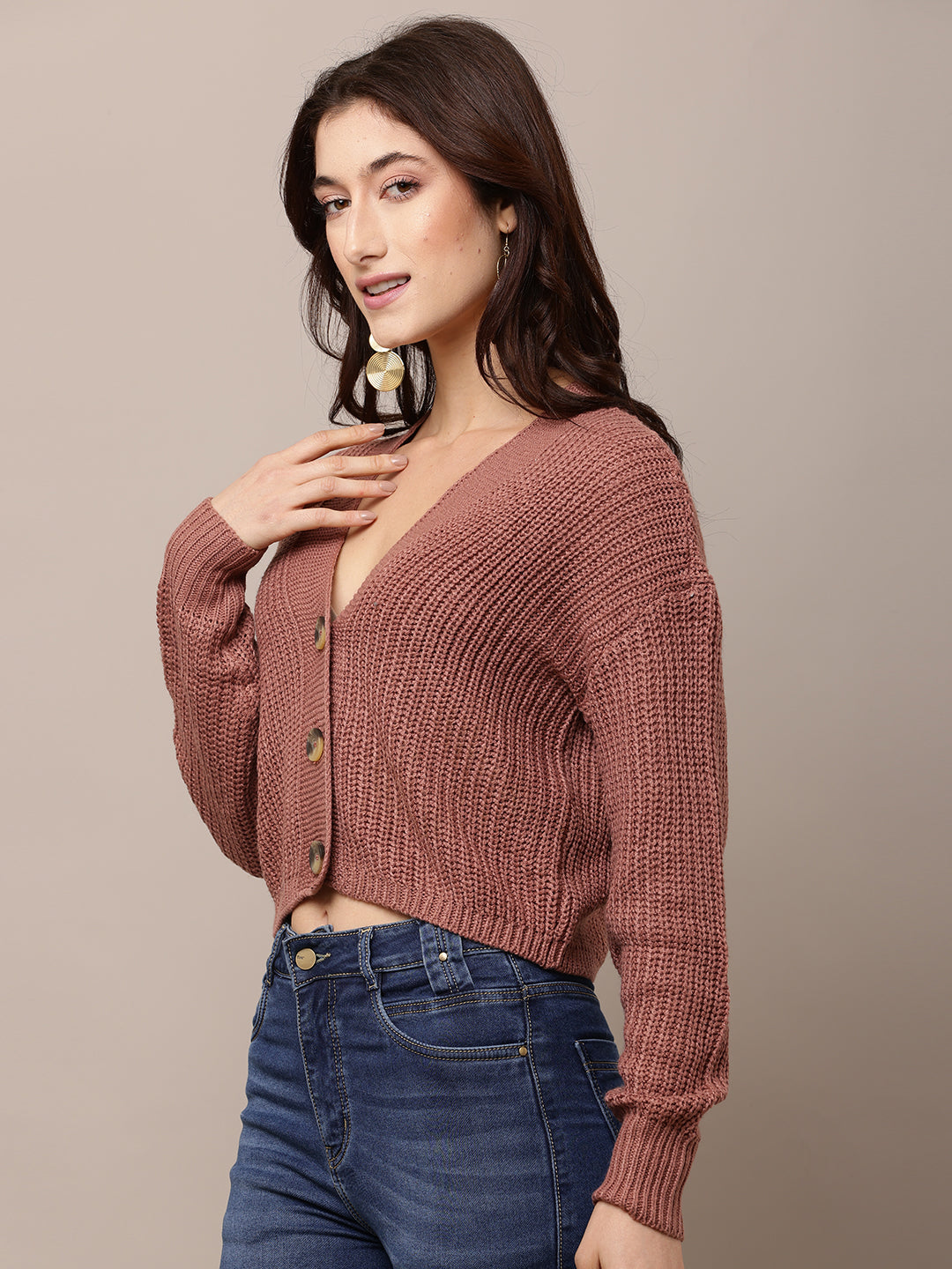 Acrylic Full Sleeve with V-Neck Peach Cardigan