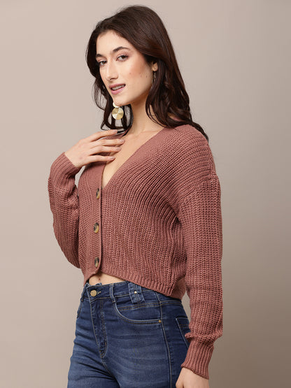 Acrylic Full Sleeve with V-Neck Peach Cardigan