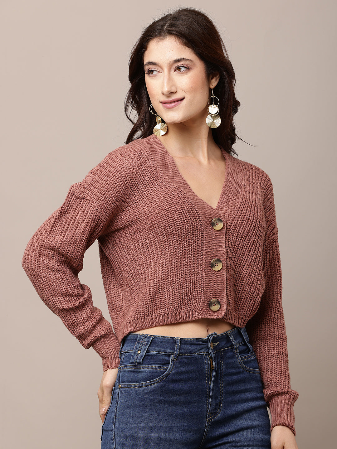 Acrylic Full Sleeve with V-Neck Peach Cardigan