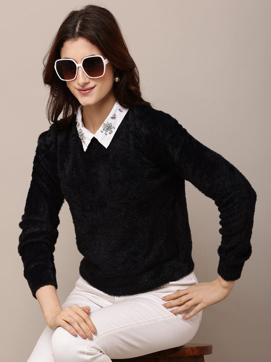Nylon Full Sleeve with Round Neck Black Sweater