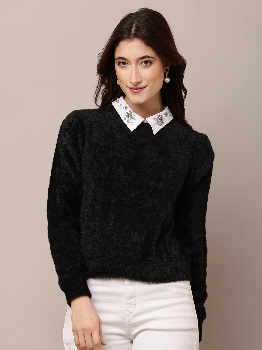 Nylon Full Sleeve with Round Neck Black Sweater